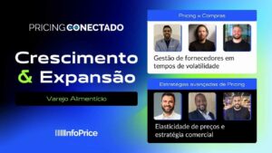 Capa de divulgação dos conteúdos do Pricing Conectado de março de 2025 com foco no varejo alimentício. O foco do primeiro dia é gestão de fornecedor e do segundo é elasticidade de preços e estratégia comercial.