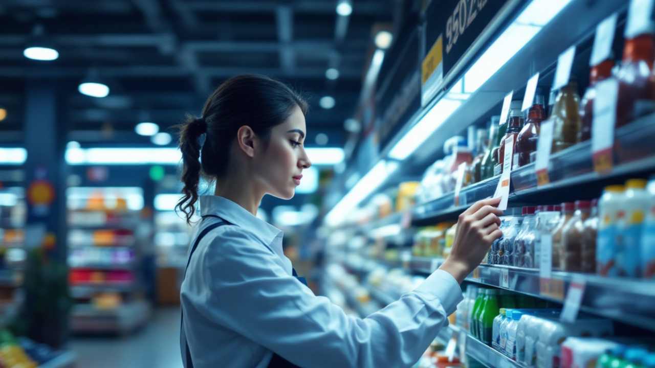 Pessoa trabalhando no mercado aplicando markdown ou redução de preço