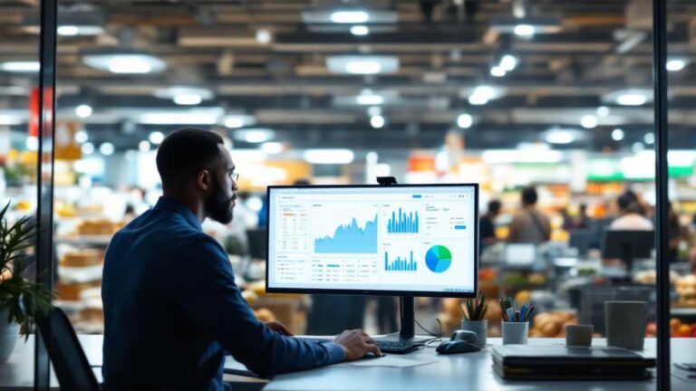 homem trabalhando em escritório de supermercado para ilustrar o uso de um verificador de preços