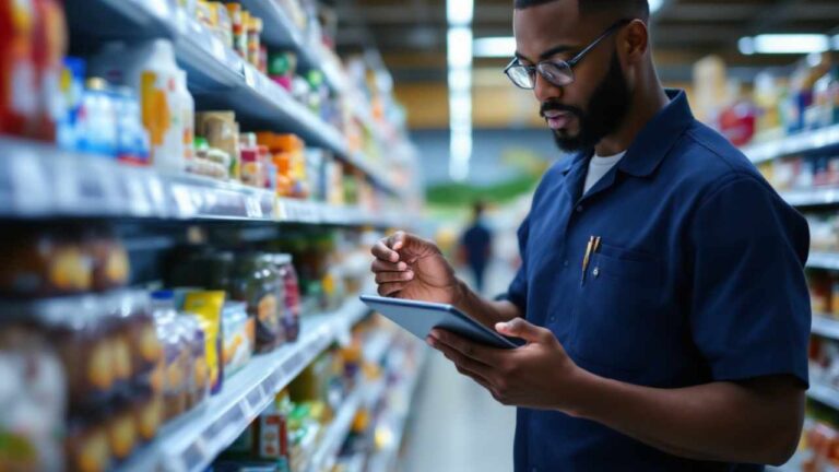 pessoa trabalhando em corredor de supermercados, conferindo se a política de preços da indústria está sendo cumprida no varejo