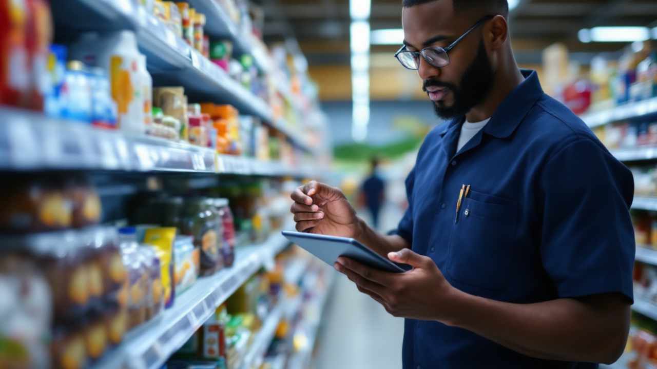 pessoa trabalhando em corredor de supermercados, conferindo se a política de preços da indústria está sendo cumprida no varejo