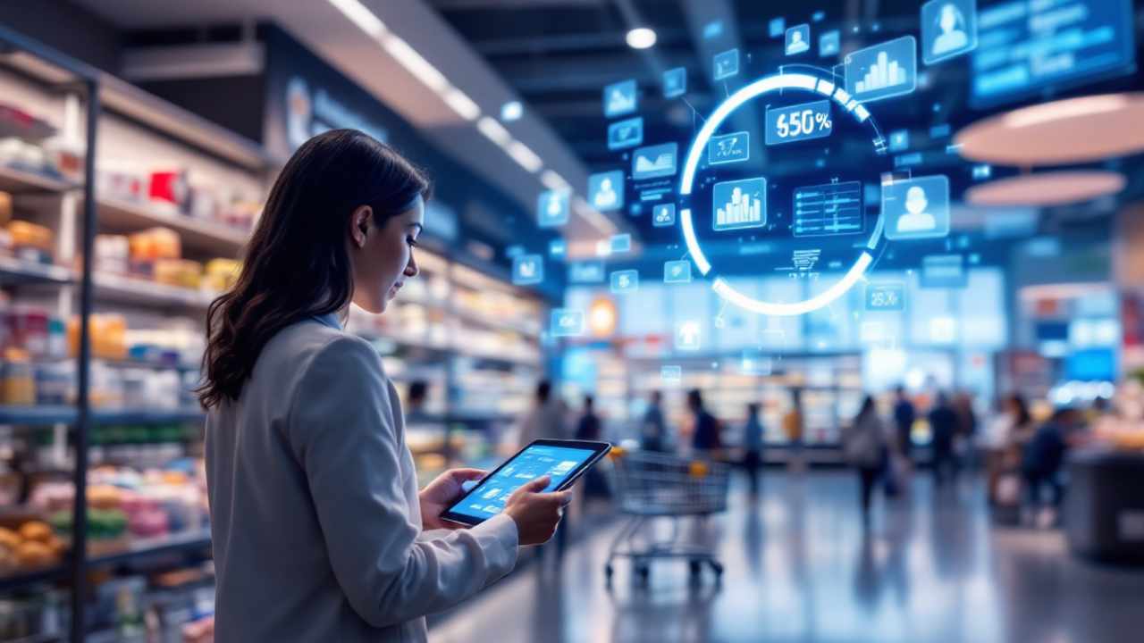 mulher no ambiente de supermercado analisando tendências do varejo